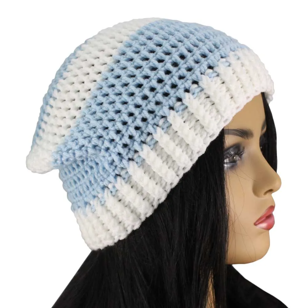 Light Blue and White Crochet Beanie Hat Medium/Large - JMCH40ML