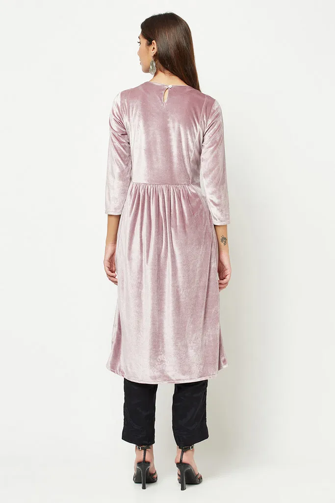 Lilac Embroidered Velvet Kurta