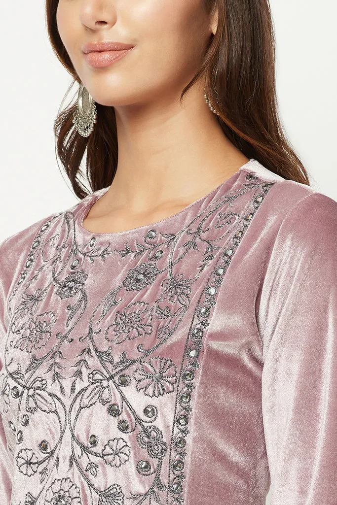 Lilac Embroidered Velvet Kurta