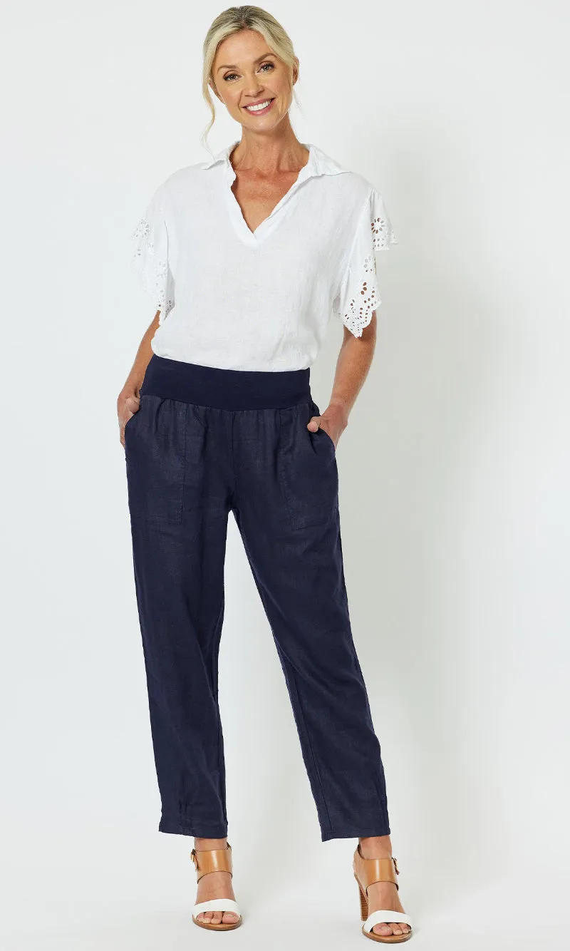 Linen Pant Jersey Waist Navy