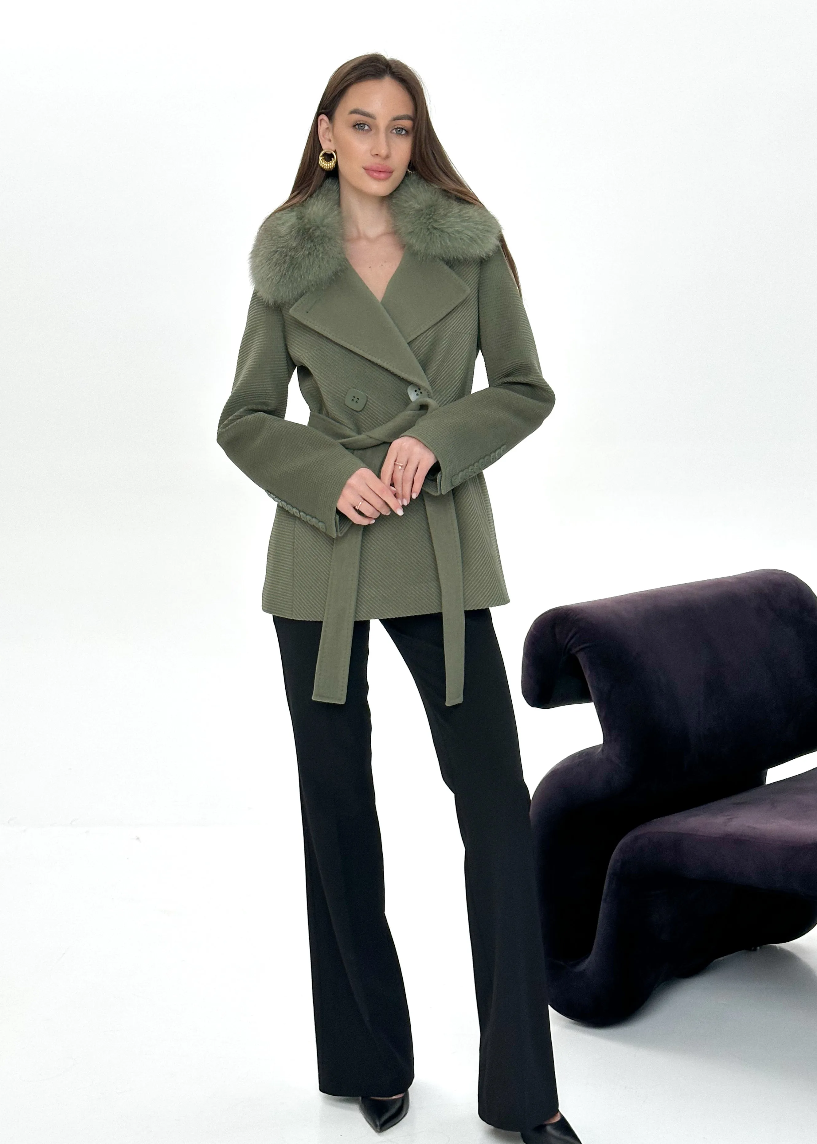 Lyndale Genuine Fox Fur Cashmere Wool Coat