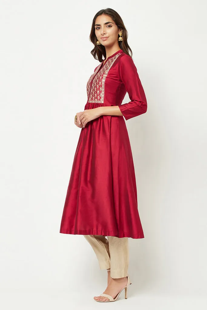 Magenta Embroidered Flared Kurta