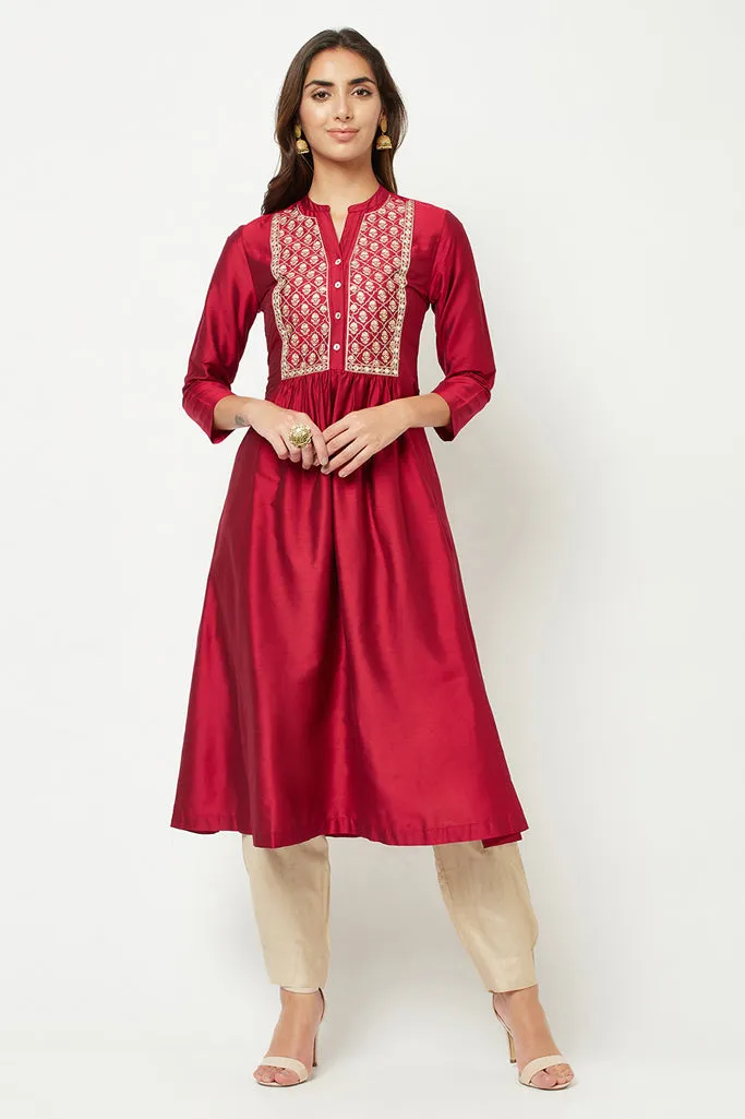 Magenta Embroidered Flared Kurta