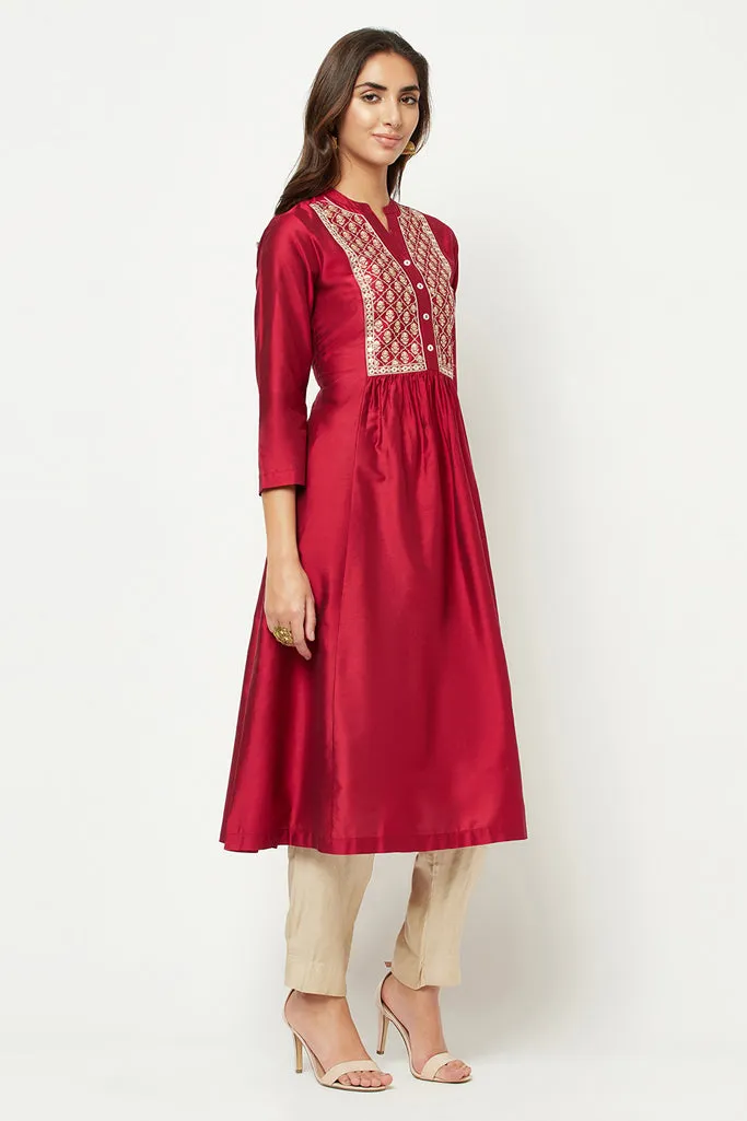 Magenta Embroidered Flared Kurta