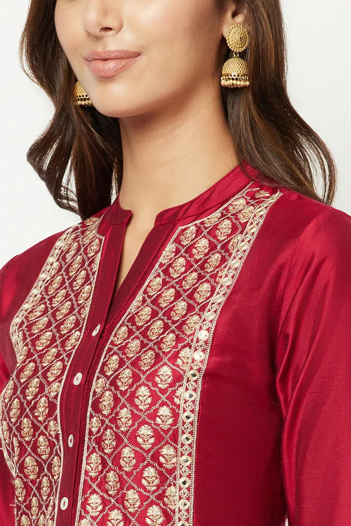 Magenta Embroidered Flared Kurta