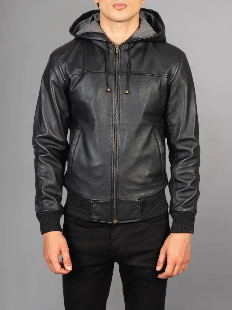 Men's Dark brown Leather Hooded Racer Jacket