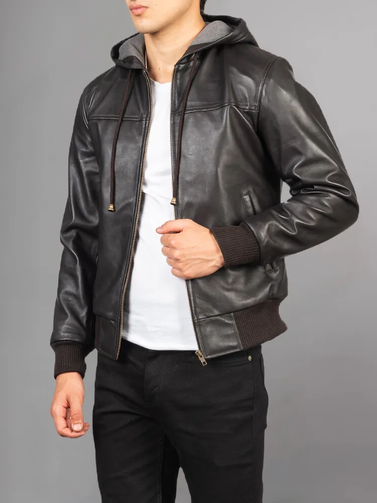 Men's Dark brown Leather Hooded Racer Jacket