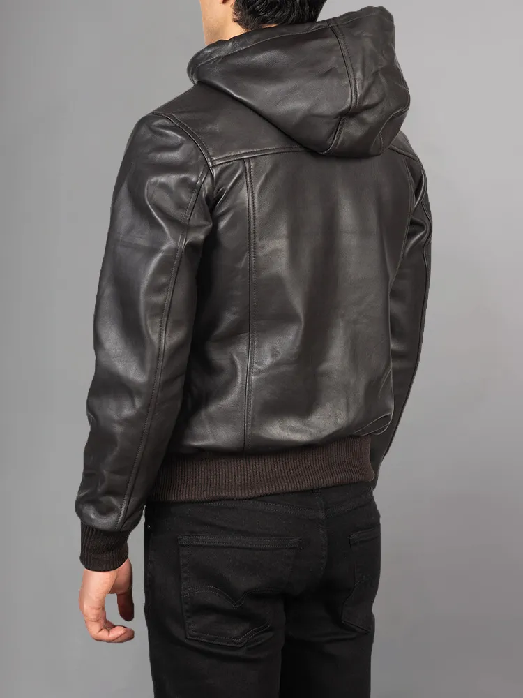 Men's Dark brown Leather Hooded Racer Jacket