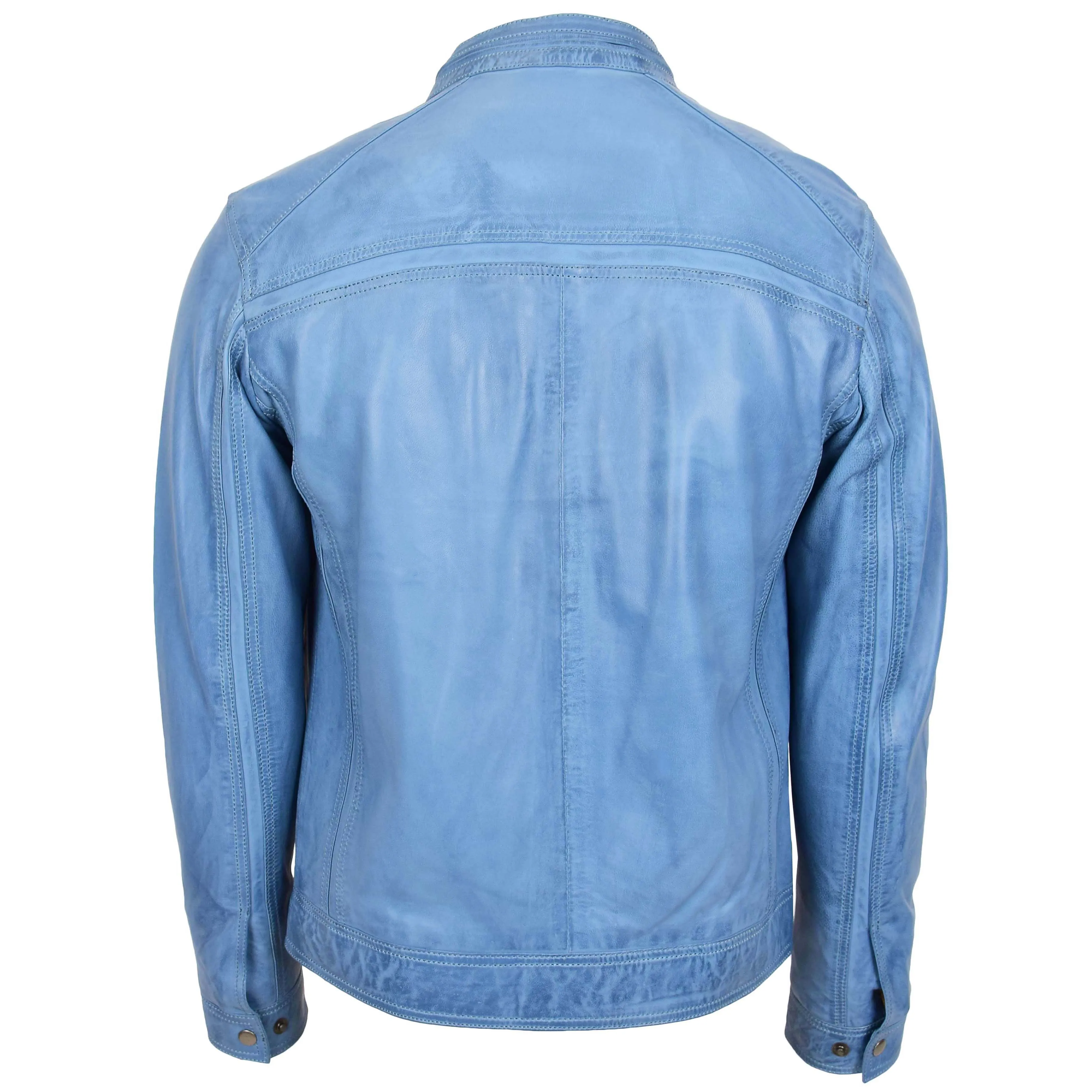 Mens Leather Biker Jacket Vintage Band Collar Fitted CALVIN Sky Blue