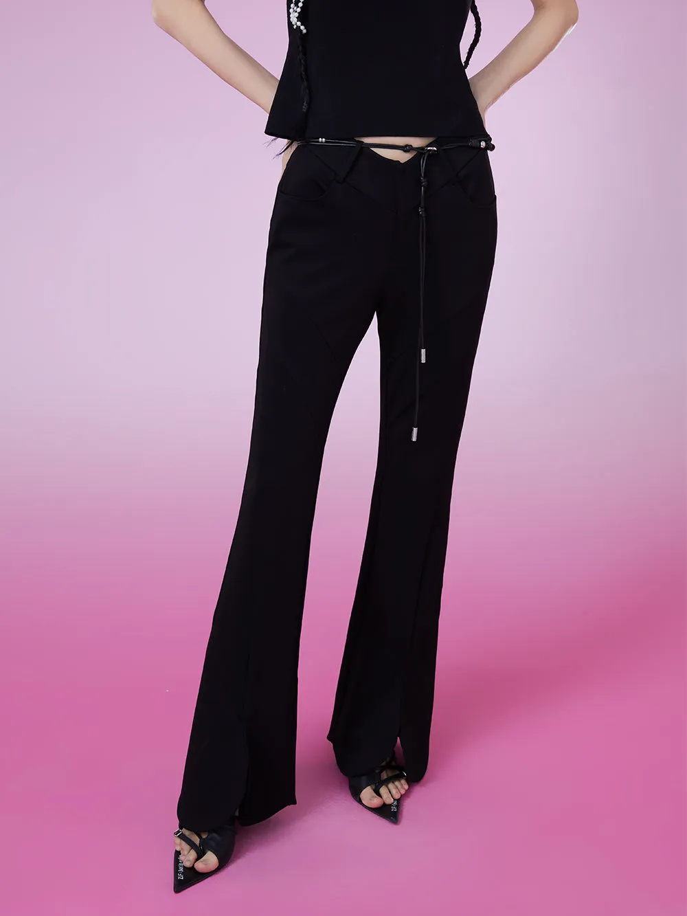 MUKZIN Black Slim Fit Bottom Slit Flared Pants