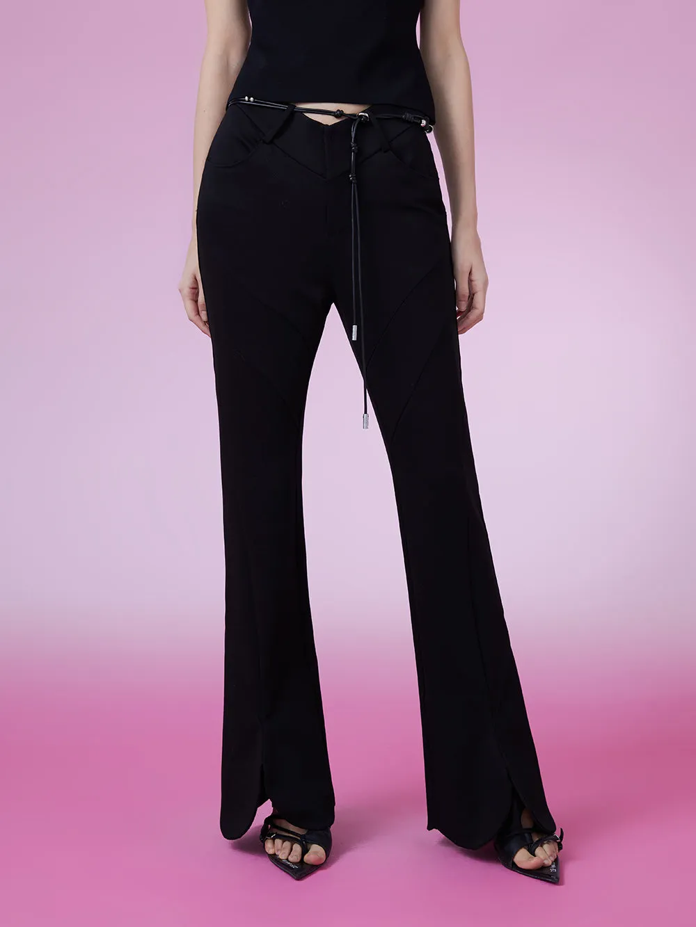 MUKZIN Black Slim Fit Bottom Slit Flared Pants