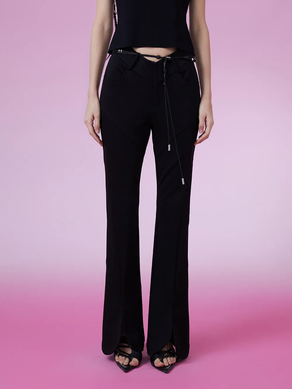 MUKZIN Black Slim Fit Bottom Slit Flared Pants