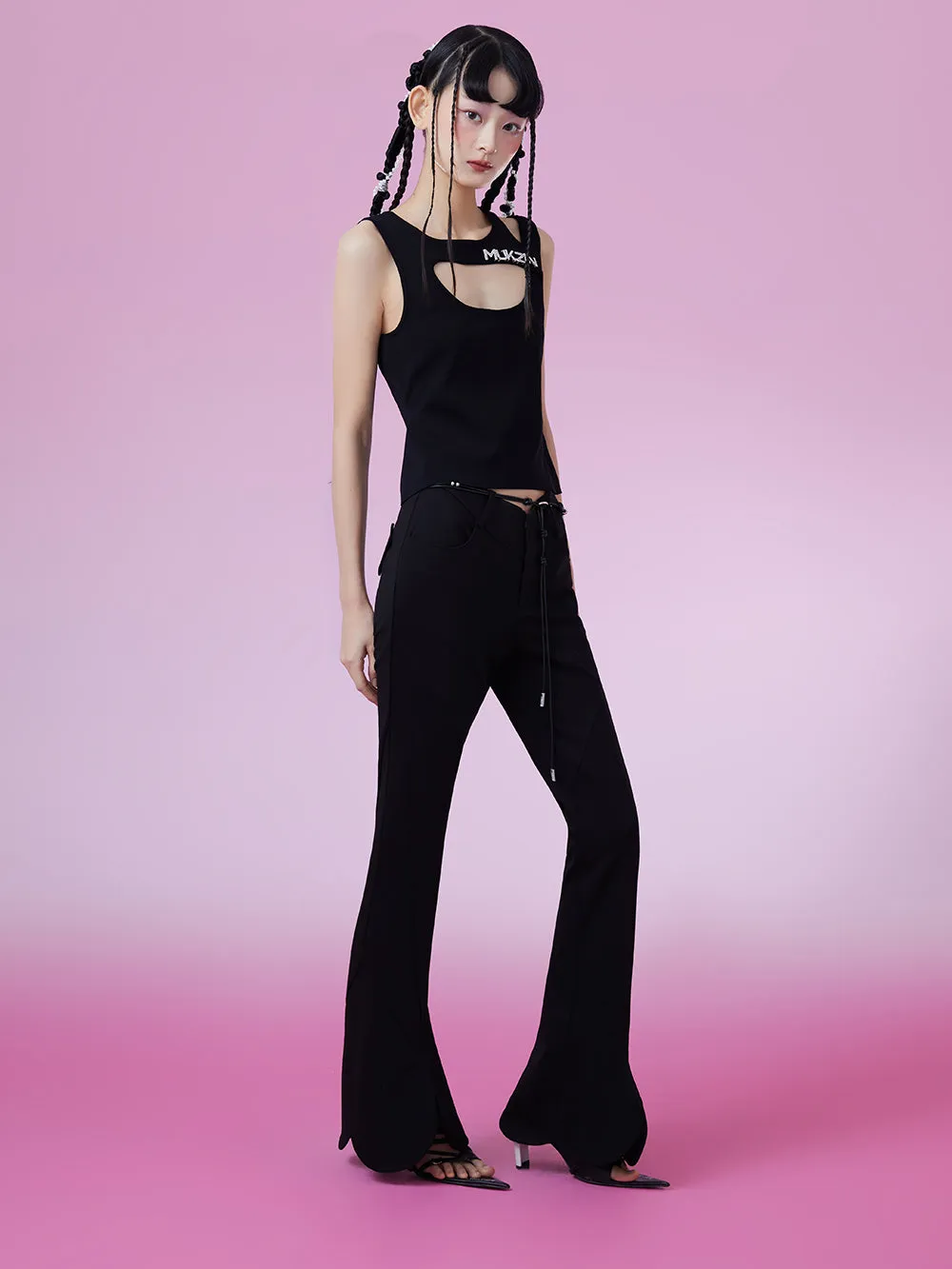 MUKZIN Black Slim Fit Bottom Slit Flared Pants