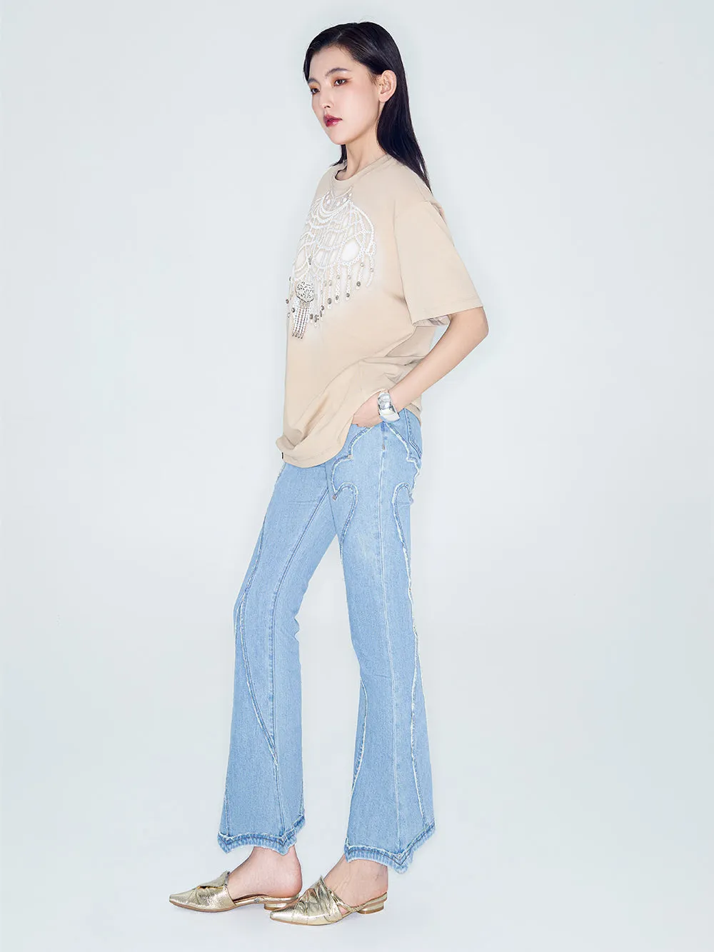 MUKZIN Linglong Series "Pretty Lady" Retro Slim Fit Denim Horseshoe Pants