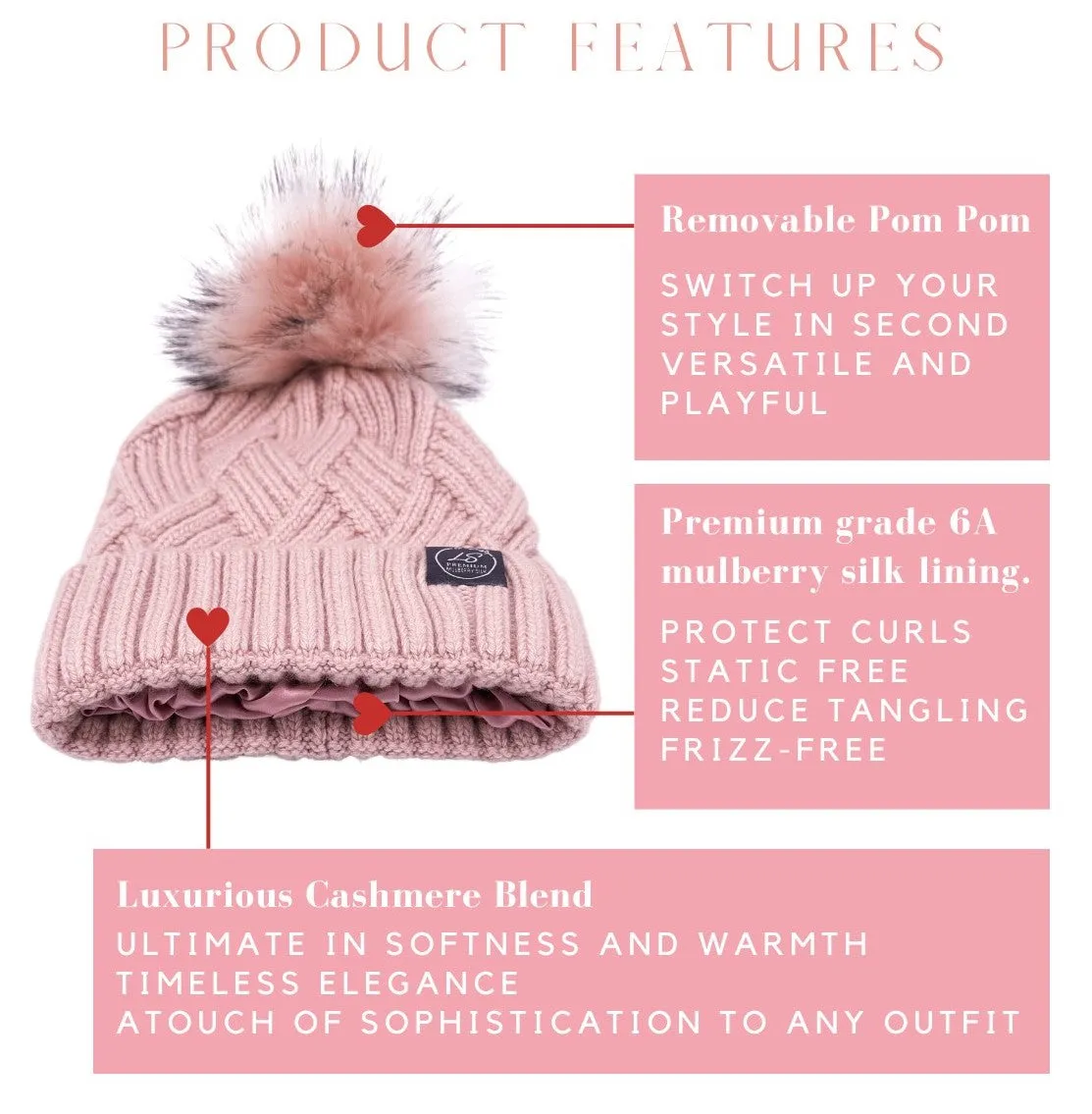 Mulberry Silk-Lined Cashmere Beanie Hat With Removable Pom Pom - Pink