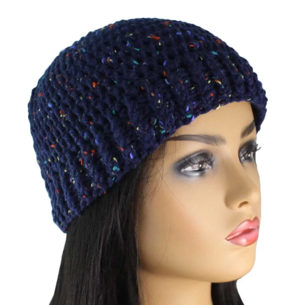 Navy Blue Speckled Crochet Snug Beanie Hat Med/Lg - JMCH63ML