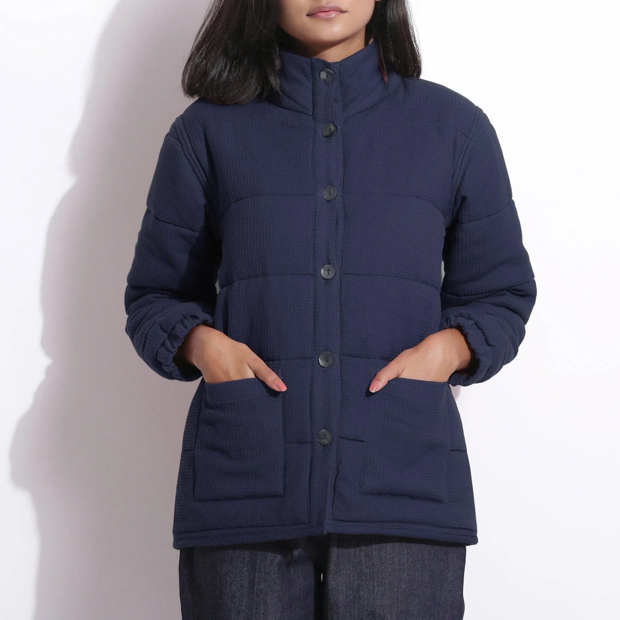 Navy Blue Warm Cotton Waffle Quilted Puffer Jacket