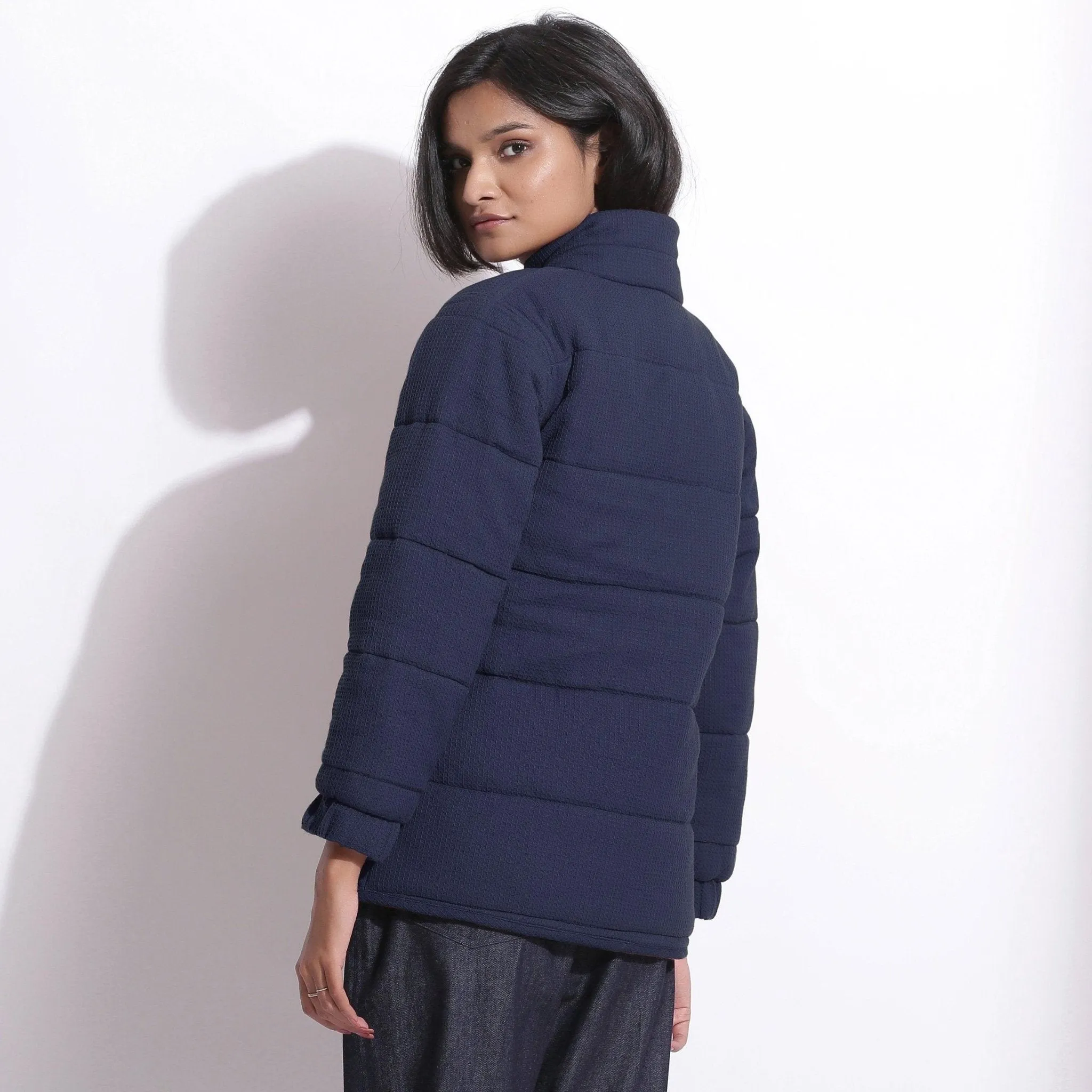 Navy Blue Warm Cotton Waffle Quilted Puffer Jacket