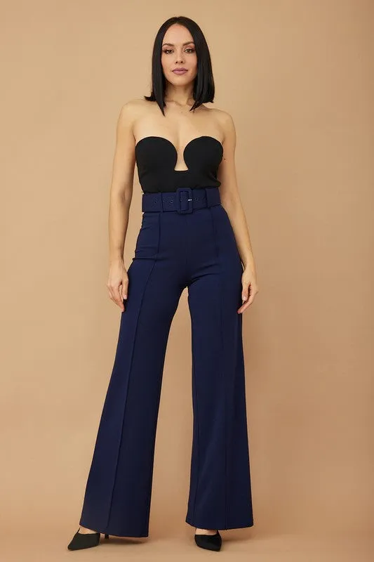 Navy High Waist Pants With Buckle Belt