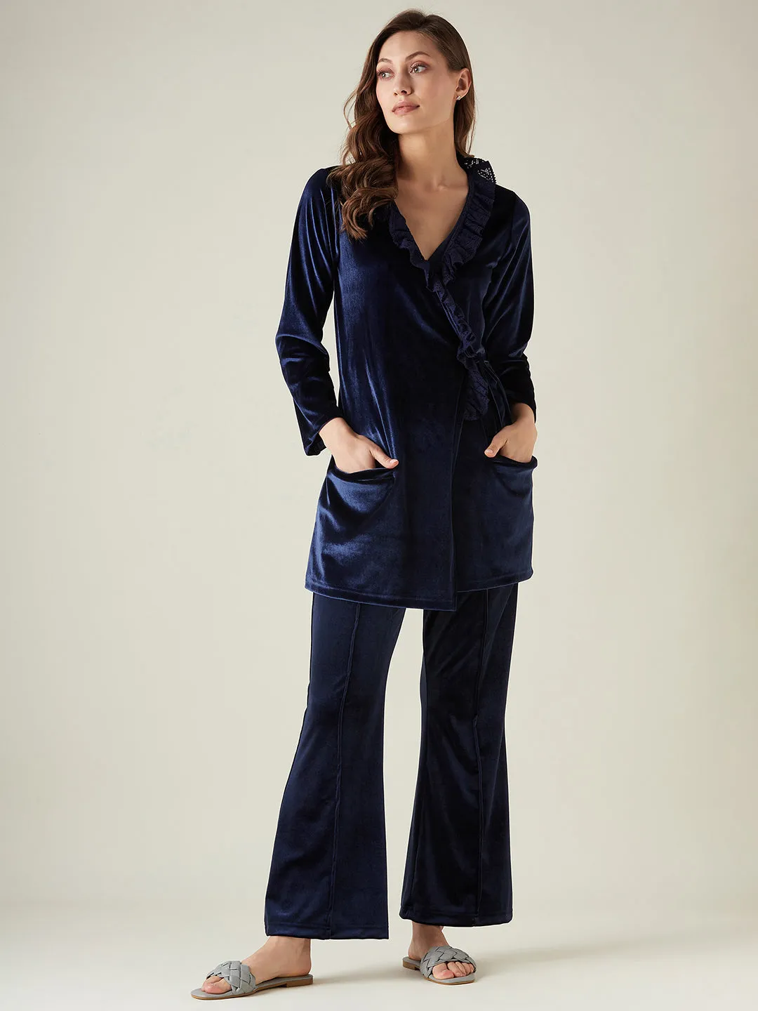 Navy velvet wrap top lounge set