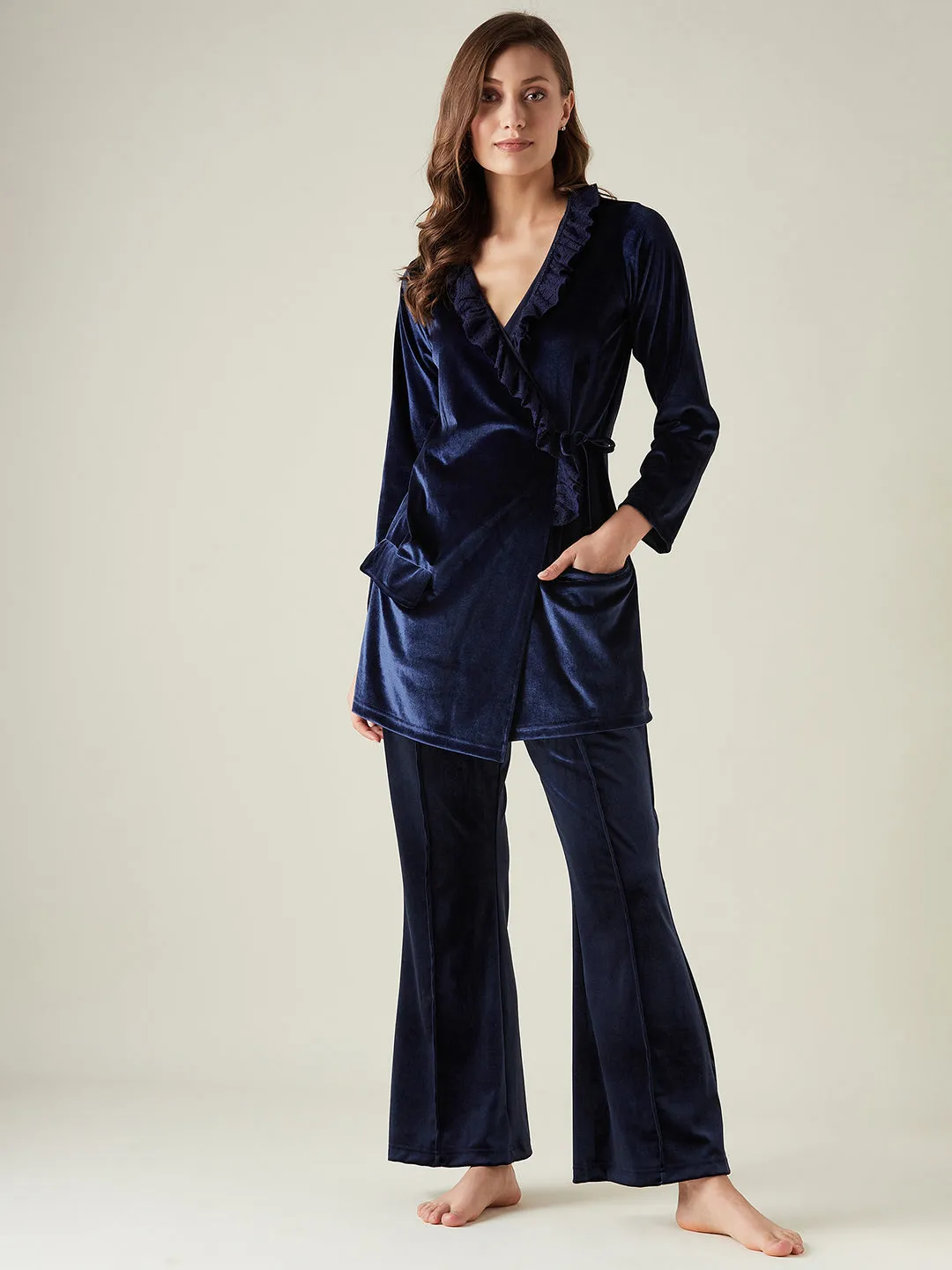 Navy velvet wrap top lounge set