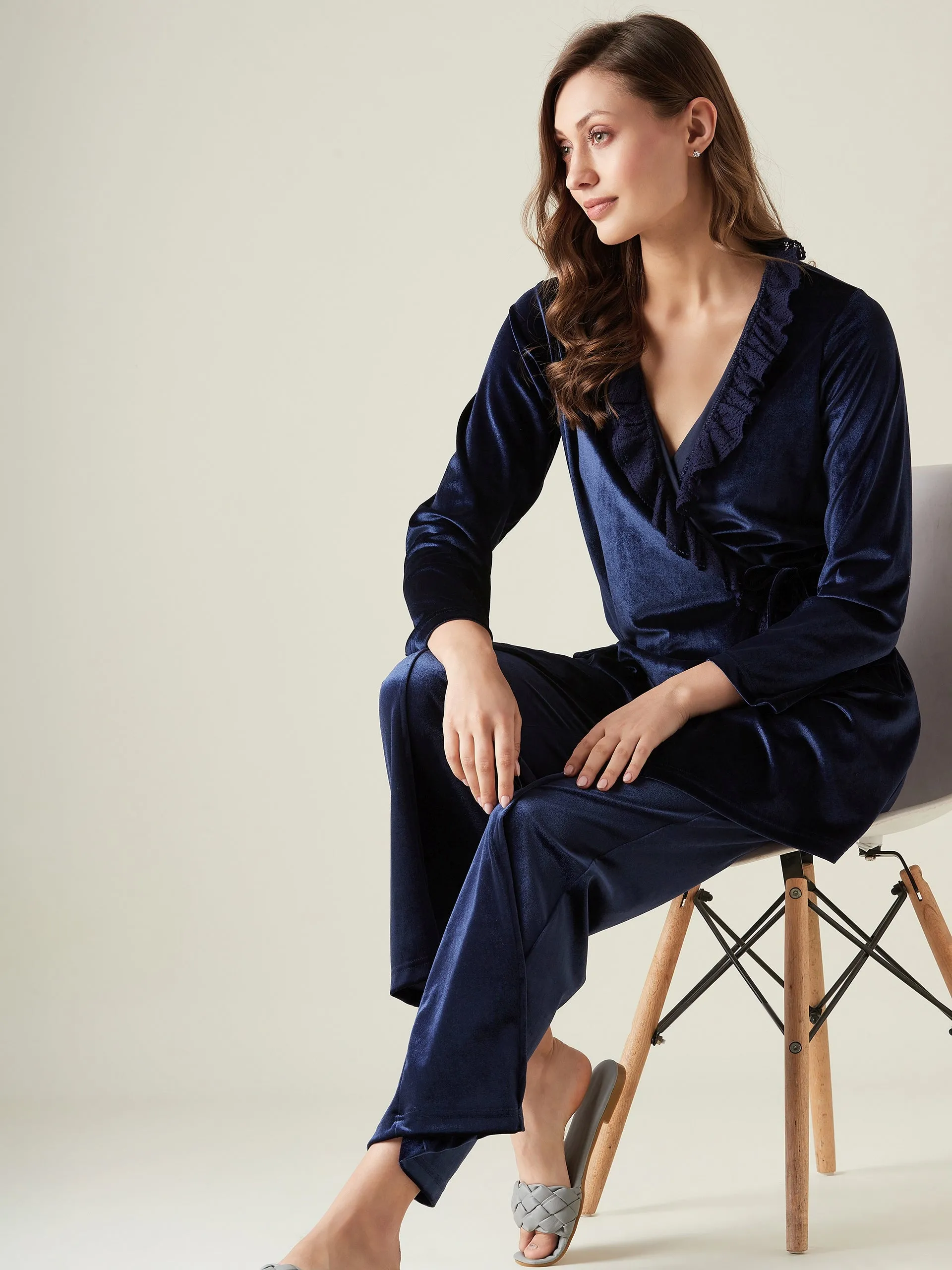 Navy velvet wrap top lounge set