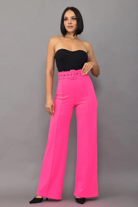 Neon Fuchsia High Waist Pants With Buckle Belt