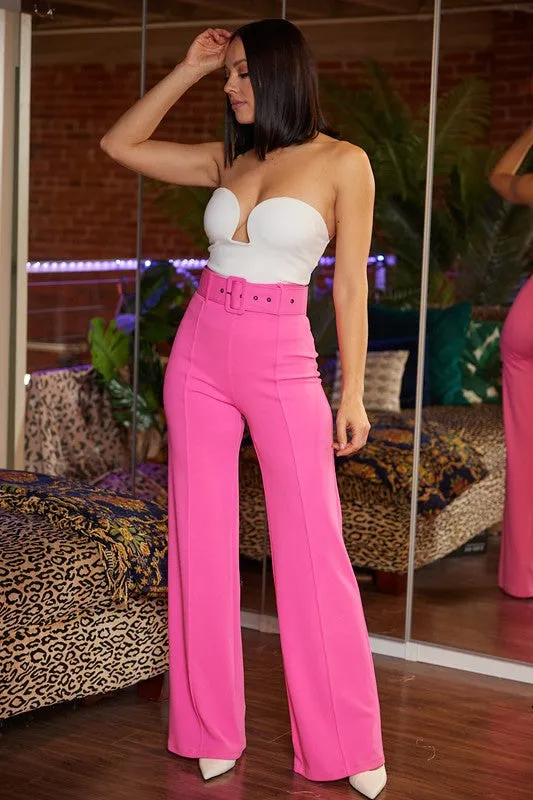 Neon Fuchsia High Waist Pants With Buckle Belt