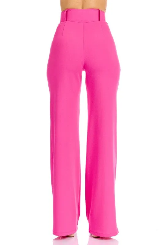 Neon Fuchsia High Waist Pants With Buckle Belt