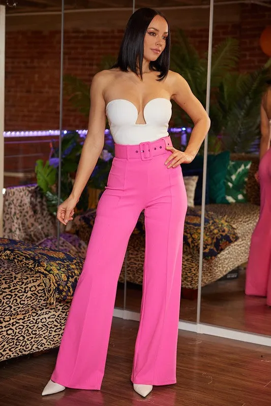 Neon Fuchsia High Waist Pants With Buckle Belt