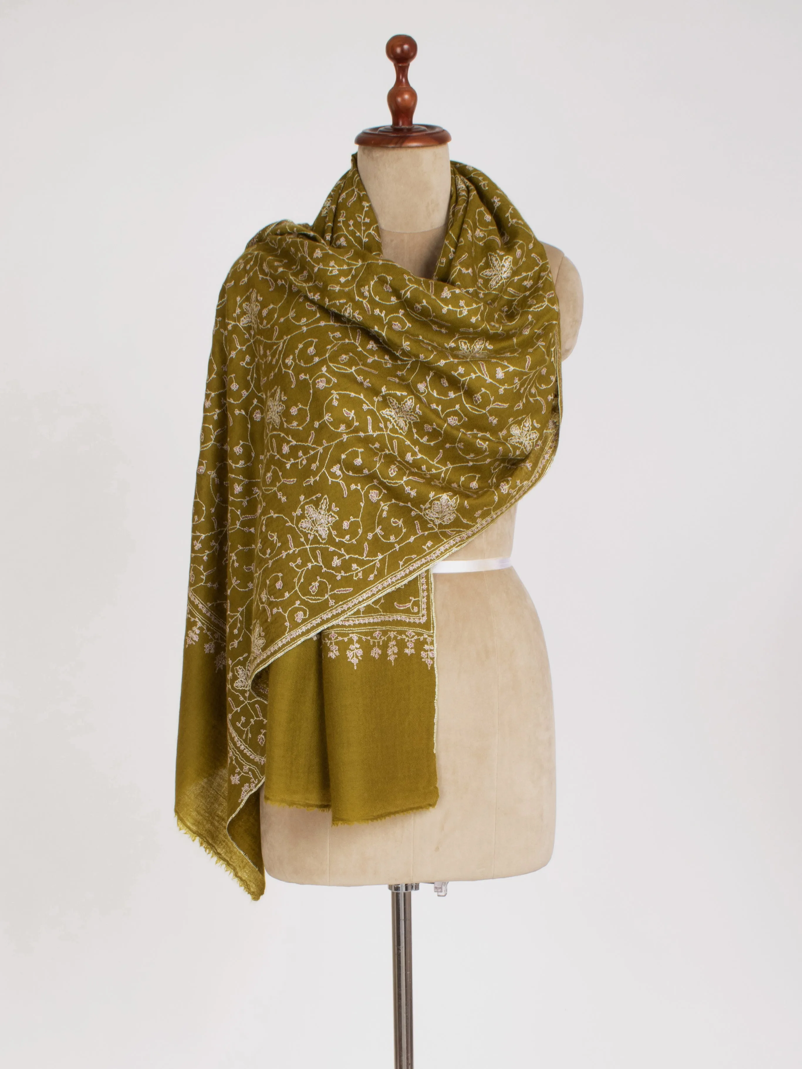 Olive Green Sozni Embroidered Cashmere Gift Scarf