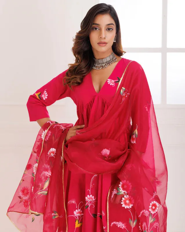 Organza Pink Hand Painted Suit Set with Dupatta