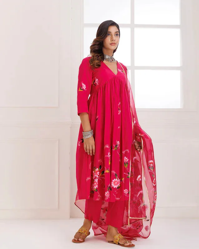 Organza Pink Hand Painted Suit Set with Dupatta