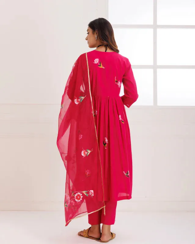 Organza Pink Hand Painted Suit Set with Dupatta