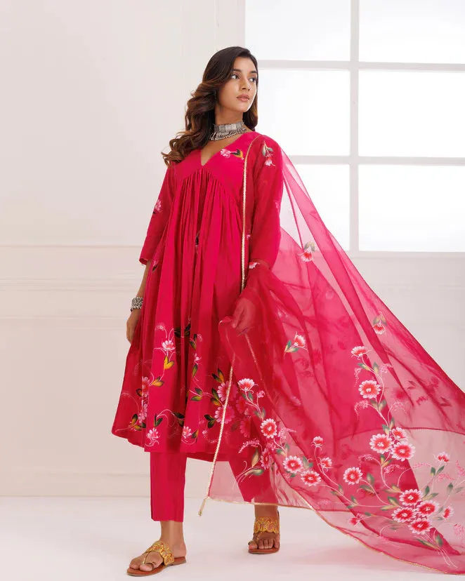 Organza Pink Hand Painted Suit Set with Dupatta