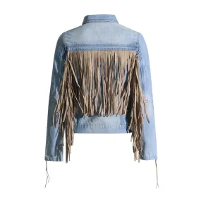 Patchwork Single Breasted Viantage Jackets For Women Lapel Long Sleeve Spliced Tassel Loose Casual Jacket Female