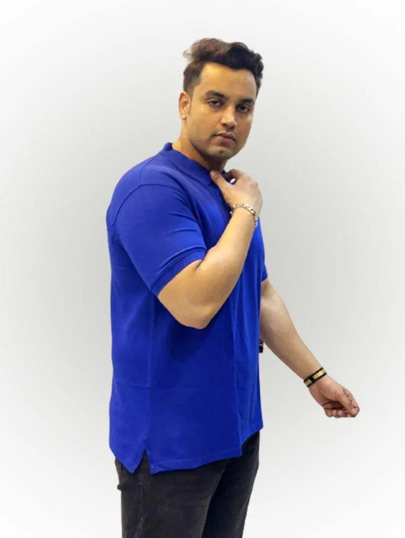 Peacock Blue Solid Polo Collar Pure Cotton T-SHIRT Men's Plus Size