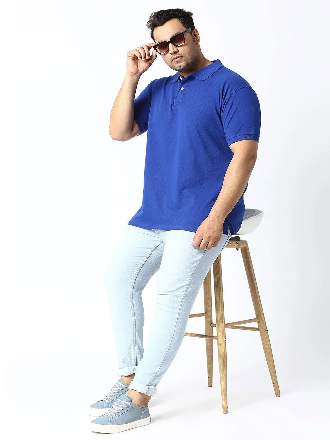 Peacock Blue Solid Polo Collar Pure Cotton T-SHIRT Men's Plus Size