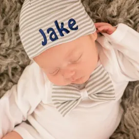 Personalized Newborn Boy Gray and White Striped Bow Tie Onesie Set