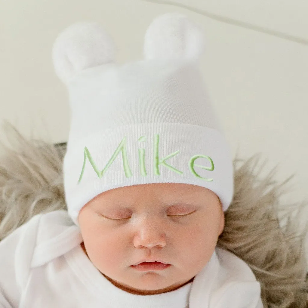 Personalzed ilybean Fuzzy WHITE Baby Bear Newborn Hospital Hat for Newborn- Gender Neutral