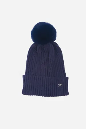 Pom Pom Beanie Hat - Navy