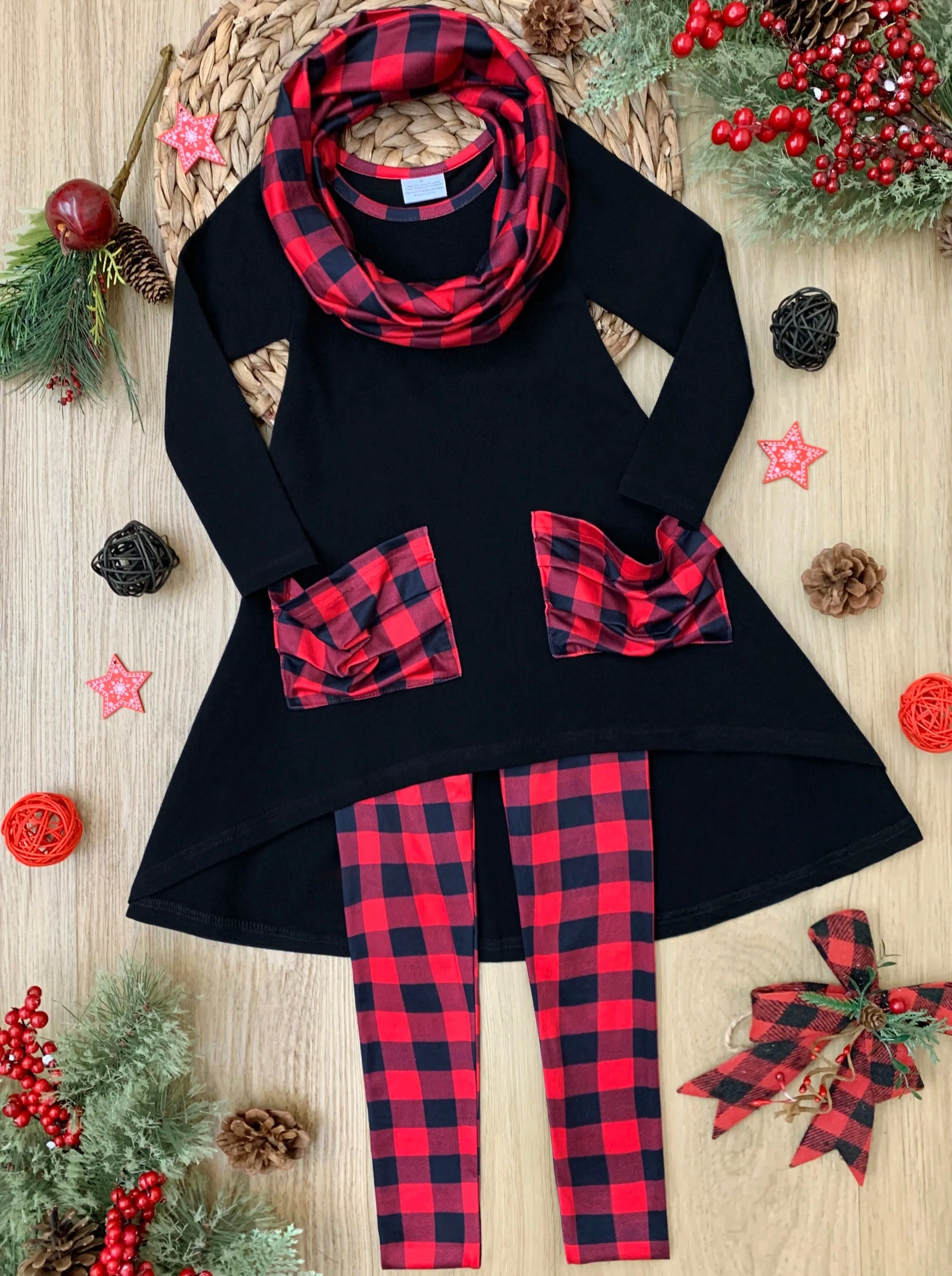 Pretty Plaid Slouch Pocket Tunic, Leggings And Scarf Set