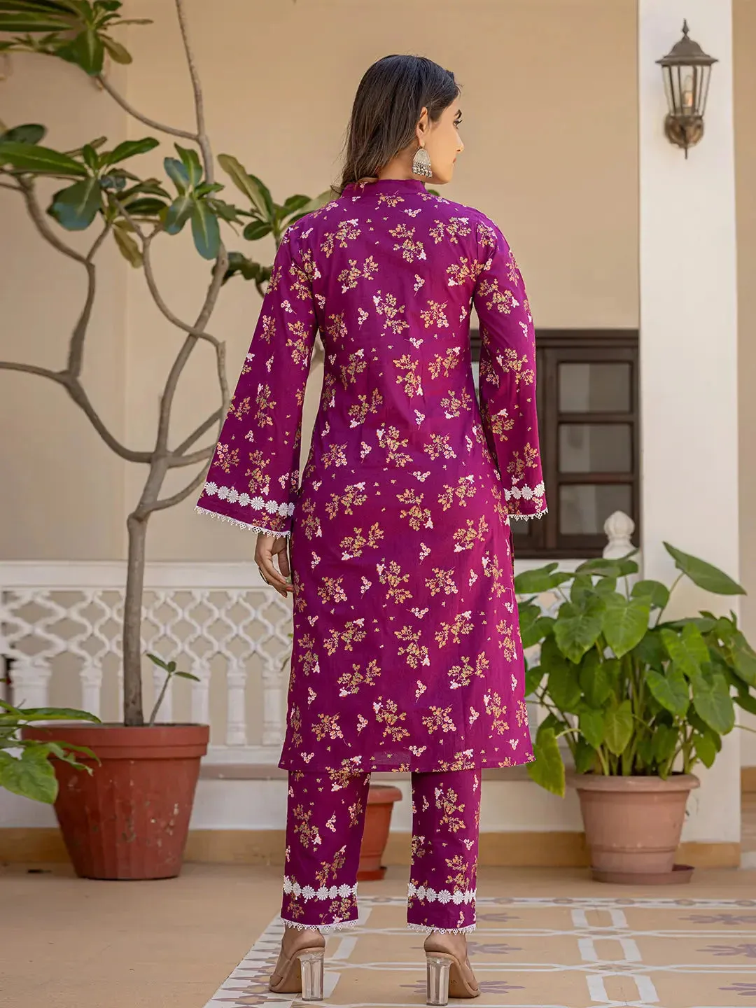 Purple Cotton Floral Print Straight Shape Pakistani Style Suit Set with Voile Dupatta