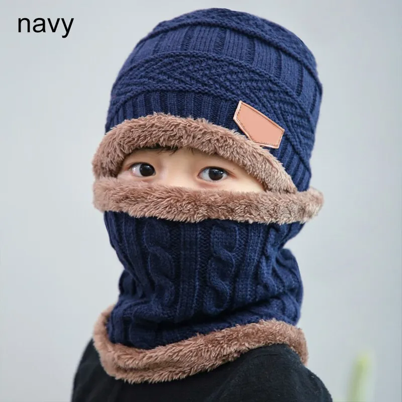 Q Kids Beanies Nice Gift Keep Warm Plush Knitted Ribbed Children Winter Supplies Hat Scarf Set Girl Boys Ring Scarves 2Pcs