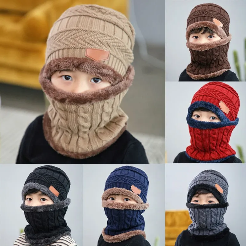 Q Kids Beanies Nice Gift Keep Warm Plush Knitted Ribbed Children Winter Supplies Hat Scarf Set Girl Boys Ring Scarves 2Pcs