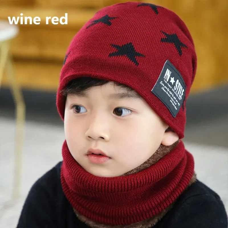 Q Kids Beanies Nice Gift Keep Warm Plush Knitted Ribbed Children Winter Supplies Hat Scarf Set Girl Boys Ring Scarves 2Pcs