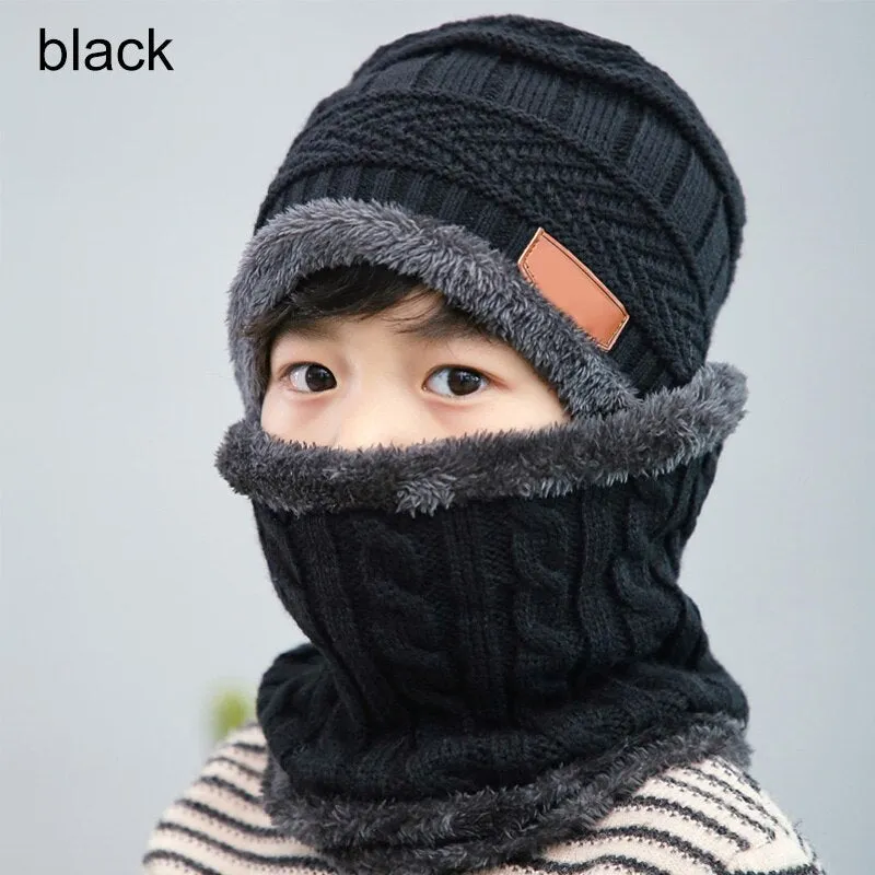 Q Kids Beanies Nice Gift Keep Warm Plush Knitted Ribbed Children Winter Supplies Hat Scarf Set Girl Boys Ring Scarves 2Pcs