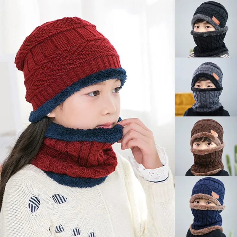 Q Kids Beanies Nice Gift Keep Warm Plush Knitted Ribbed Children Winter Supplies Hat Scarf Set Girl Boys Ring Scarves 2Pcs