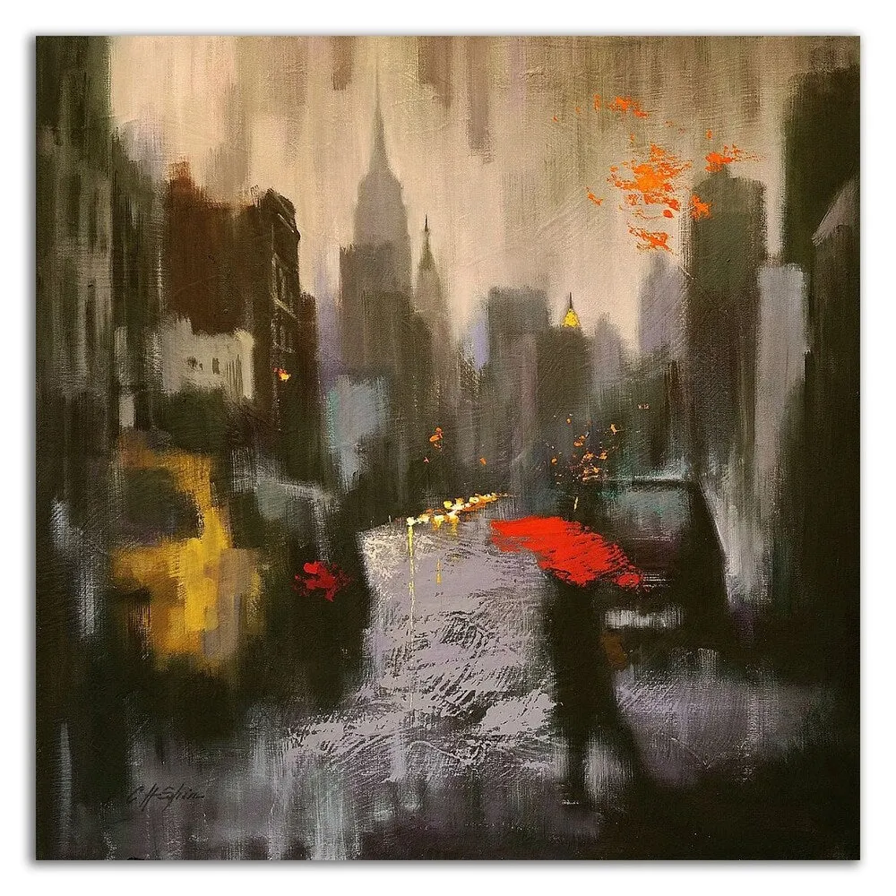 "A Rainy Day Walker" by Chin H. Shin, Print on Canvas, Ready to Hang