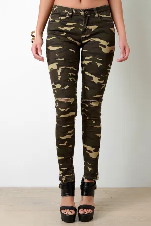 Razor Cut Knee Slit Camo Skinny Jeans